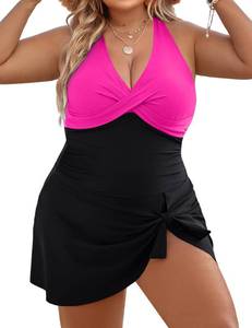 lot 14330 image: Blooming Jelly Women Plus Size Swim Dress Swimsuit One Piece Maternity Tummy Control Bathing Suit (XXL, Black Pink)