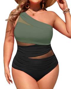 lot 14338 image: Aqua Eve Plus Size One Piece Swimsuit for Women Tummy Control Bathing Suits One Shoulder Mesh Swimwear Olive Green and Black 16W