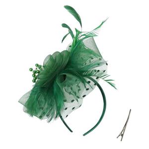 lot 14484 image: QDC Fascinators for Women Tea Party Headband Hats Cocktail Flower Mesh Feathers Headwear Hair Clip for Wedding Green