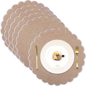 lot 14490 image: Gandeer Set of 6 Round Placemats 15 Inch Cotton Linen Scalloped Embroidery Placemats Washable Double Layered Rustic Dinner Table Mats Decor Fabric for Hotel Restaurant Kitchen(FlaxenWhite)