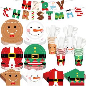 lot 15185 image: Vesici 245 Pcs Christmas Party Tableware Supplies Set Include Paper Napkins Plates Cups Banner Serves 48 Santa Gingerbread Snowman Elk Christmas Party Decorations for Merry Xmas Parties Supplies