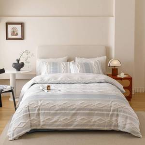 lot 15189 image: KAREVER Ivory Blue Boho Comforter Set Queen Mixed Textures Jacquard Bedding Set Durable Chic and Stylish Bedroom Set
