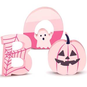 lot 16226 image: Amyhill 3 Pcs Pink Halloween Table Decor Indoor Cute Ghosts Decorations Wood Plank Signs Halloween Tiered Tray Pink Wooden Ghosts Decor for Home Kitchen Office Party Gifts(Boo)