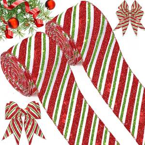 lot 16231 image: 2 Rolls 20 Yards Christmas Wired Edge Candy Cane Glitter Ribbons - 2.5 Inch, Gift Wrapping, DIY Craft for Christmas Tree & Birthday Party Decorations (White, Red, Green)