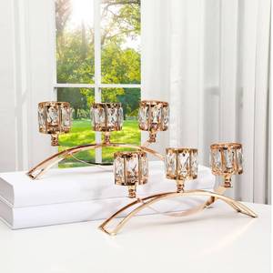 lot 1344 image: Remerry 2 Set Gold Crystal Candle Holders 3 Arms Crystal Bowl Tealight Candelabra Arch Candlestick Table Centerpieces for Dinning Room, Wedding, Cabinet Ornaments, Home, Anniversary Party Decor