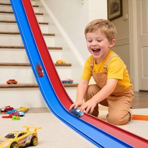 lot 1362 image: Flex Tracks 15 Ft Starter Set, Flexible Race Track for Kids 3 with Strong Suction Cups, Flexible Car Track Race Car Ramp Track Compatible with 164 Diecast Cars, Portable Rolls Up Race Tracks