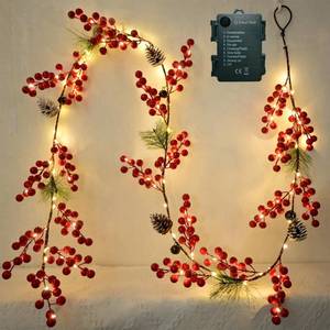 lot 1367 image: 6.56FT Christmas Garland Decorations Red Berry Garlands with Lights 96 Fairy LED Lights Lighted Pine Garland for Mantle Fireplace Table Stairs Railing Xmas Tree Indoor Outdoor Winter Holiday Decor