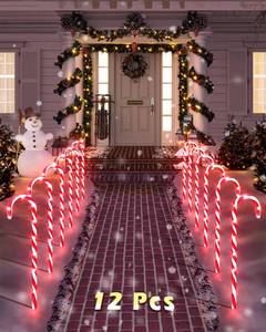 lot 1379 image: COOLWUFAN 12 Pack Christmas Candy Cane Pathway Markers, 22 Candy Cane Christmas Decorations Pathway Lights Outdoor with 72 Warm Lights for Xmas Holiday Party Walkway Patio Garden Yard Lawn Decor