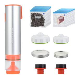 lot 1389 image: OTraki 3-in-1 Vacuum Sealer Handheld Electric Mason Jar Vacuum Sealer Kit Portable Food Sealer Compatible with Vacuum Bag, Mason Jar, Wine Bottle, includes 10 Mason Jar Lids, 10 Reusable Seal Bags