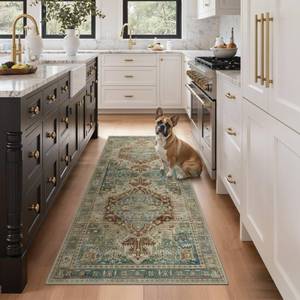 lot 1391 image: GENIMO 26 X 6 Runner Rugs for Entryway,Machine Washable Vintage Floor Cover Foldable Modern Non Slip Rug, Low Pile Soft Carpet Floral Print Mat for Indoor EntrywayBathroomKitchen,Sage Green