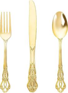 lot 1407 image: Joyido 90 Pieces Gold Plastic Silverware - Heavy Duty Gold Disposable Utensils - Fancy Plastic Cutlery Set Includes 30 Forks, 30 Spoons, 30 Knives for Dinner Parties Weddings