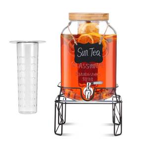 lot 1421 image: 2 Gallon Drink Dispensers with Stand, Glass Beverage Dispenser with Stainless Steel Spigot and Bamboo Lid,Lemonade Dispenser,Glass Drink Dispensers for Parties, Weddings