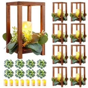 lot 1422 image: Neoflavie 8 Set24 Pcs Wooden Wedding Lantern Centerpiece Include 8 Wooden Lantern Candle Holder 8 Flameless LED Candle 8 Eucalyptus Leaves Wreath for Centerpieces Wedding Table Party Farmhouse Decor
