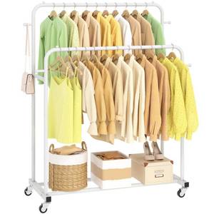 lot 1430 image: Laiensia Double Rods Garment Rack with Wheels, Clothing Rack for Hanging Clothes,4 Hooks, Multi-functional Bedroom Clothes Rack, White