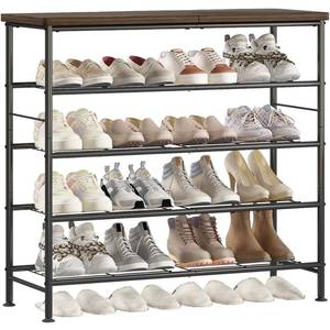 lot 1431 image: SUOERNUO Shoe Rack Organizer 5 Tier for Closet Entryway Free Standing Metal Storage Shoe Shelf with MDF Top Board��BlackRustic Brown