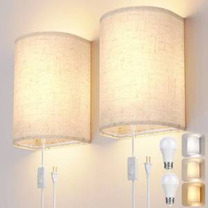 lot 1436 image: OCATO Plug in Wall Sconces Set of Two Wall Light Wall Lamp with OnOff Switch 3000K 4500K 6000K Selectable Fixtures Fabric Linen Shade Wall Decor Wall Lights for Bedroom Living Room Hallway Indoor