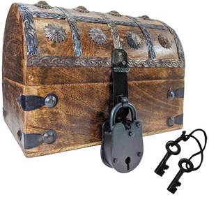lot 1441 image: Pirates Treasure Chest (8 x 6 x 6) Wooden Nautical Jewelry Box with Functional Lock and 2 Keys, Wood with Iron Accents, Hinged Lid by SciencePurchase