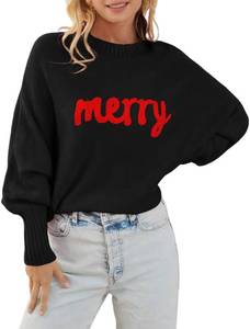 lot 2030 image: Womens Merry Christmas Crewneck Sweaters Winter Xmas Graphic Long Batwing Sleeve Sweater Loose Fit Pullover Top Sweaters(L,A-Black)