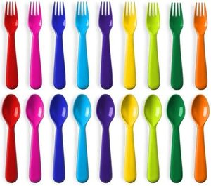 lot 2032 image: PLASKIDY Toddler Utensils Set of 18 Plastic Kids Utensils Forks and Spoons - BPA FREEDishwasher Safe Toddler Flatware Set Brightly Colored Childrens Safe Silverewre Cutlery Set