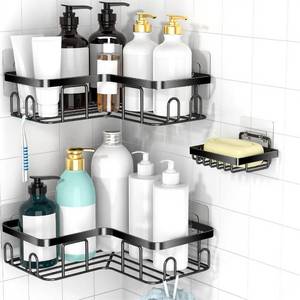 lot 2038 image: Moforoco Corner Shower Caddy Shelf Organizer Rack, Self Adhesive Black Bathroom Shelves Basket, Home Wall Shower Inside Organization and Storage Decor Rv Accessories, First Apartment Essentials(Black)