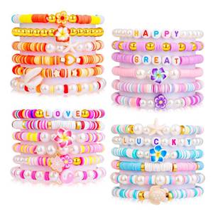 lot 2051 image: 24 Pcs Friendship Bracelets Heishi Preppy Flower Clay Bead Bracelets Set Colorful Beaded Bracelets for Women Teens Boho Summer Beach Jewelry Stackable Stretch Bracelet Set with Cute Preppy Designs