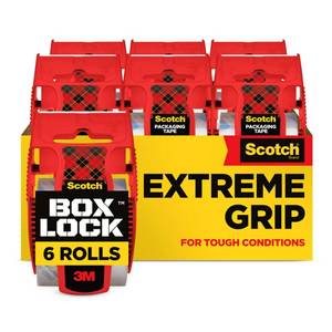 lot 2054 image: Scotch Box Lock Packing Tape, Clear Packaging Tape, Extreme Grip Box Tape for Holiday Shipping, 1.88 in. x 22.2 yd., 6 Tape Rolls with Dispensers
