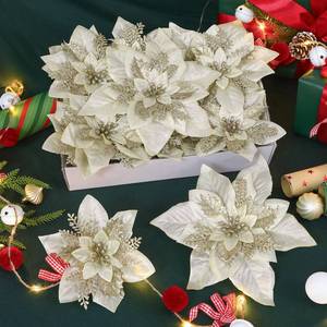 lot 2066 image: Alupssuc 24PCS 6& 9 Champagne Gold Artificial Poinsettia Christmas Flowers, Glitter Faux Ornaments for Xmas Tree Wreath Garlands New Year Home Decor, Champagne Gold