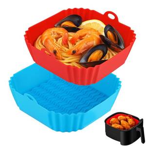 lot 2080 image: Boribim 9 Inch Large Air Fryer Silicone Liners - 2 PCS Square Reusable AirFryer Basket Liners for 5-8QT Air fryer, Air fryer Accessories for Baking Roasting Microwave (Red  Blue)