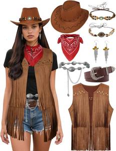 lot 2082 image: INFLATJOY Cowgirl Costume for Women Retro Fringe Vest Cowboy Outfits Hat Earrings Waist Chain Western Costume
