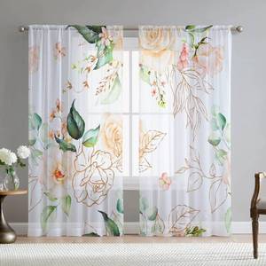 lot 2090 image: Fereyis Rose Leaves Curtains for Living Room 96 inch Length 2 Panels Set Elegant Floral Flower Spring Printed Window Curtain Sheer Curtains Chiffon Drapes for Bedroom
