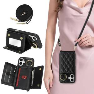 lot 2113 image: DEYHU for iPhone 16 Case with Card Holder and Strap for Women,Crossbody Lanyard, Make Up Mirror,Ring Stand,Snap Clasp,Cute Phone Wallet Cases 6.1 inch - Black