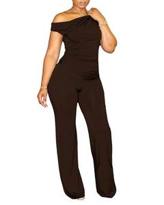 lot 2116 image: CXXQ Sexy 2 Piece Outfits for Women Off Shoulder Ruched Crop Tops Wide Leg Pant Set Tracksuit Clubwear Coffee L