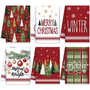 lot 2117 image: Oudain 6 Pcs Christmas Kitchen Towels Red Green Xmas Tree Tea Dishtowels Decorative Plaid Bathroom Hand Towel Farmhouse Red Green Christmas Decorations for Kitchen Bath Housewarming Home Gifts