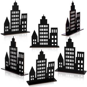 lot 2126 image: Geelin 6 Pcs Skyscraper Party Decoration Hero Theme Centerpieces New York City Decor City Skyline Building Centerpiece for Halloween Christmas Party Favors Comic Birthday(Hollow Style,Black)