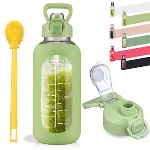 lot 2419 image: SIEROZUR 64 oz Glass Water Bottle with Straw and Handle, Half Gallon Sports Large Water Bottle with Time Marker and Silicone Sleeve, Leakproof Glass Drinking Bottle for Gym, Travel, Workout, Green