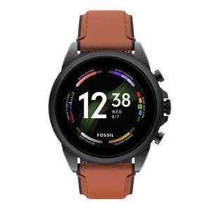 lot 2438 image: Fossil Mens Gen 6 44mm Stainless Steel and Leather Touchscreen Smart Watch, Color Black, Brown (Model FTW4062V)