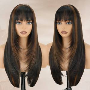 lot 2441 image: Highlight Long Straight Layered Wig with Bangs for Women 26 inch Highlight Brown Put on Go Realistic Synthetic Fiber Heat Resistant Natural Wig for Girls Party Cosplay and Daily Use