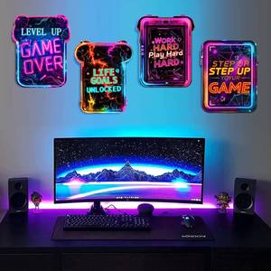 lot 2453 image: 4PCS Gaming Wall Decor for Boy Room Video Game Walls Art Decor Wood Gamer Room Hanging Sign Neon Game Controller Wall Art Print Inspirational Quote Hanging Plaque for Teenage Playroom