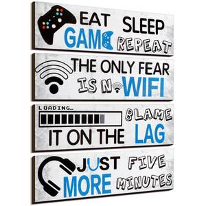lot 2454 image: Queekay 4 Pcs Gaming Decor for Teen Boys Room Neon Video Game Posters Wooden Gamer Wall Art Prints for Bedroom Kids Boys Room Playroom Home Decorations Christmas Gift, 8 x 3 Inch(Retro Gray)