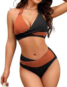 lot 2457 image: AIMAGE Womens High Waisted Bikini Sets Tummy Control Two Piece Swimsuit 2025 Ribbed Color Block Halter Bathing Suits Black and Brown Small