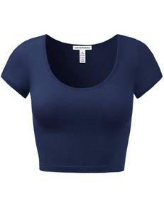 lot 2459 image: Womens Cotton Crop Tops Short Sleeve Scoop Neck Stretchy Casual Shirt Navy M