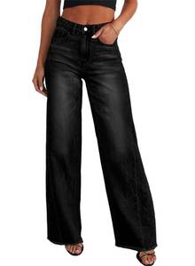 lot 2491 image: Sidefeel Womens High Waisted Jeans Stretchy Raw Hem Straight Leg Denim Pants Size 10 Black