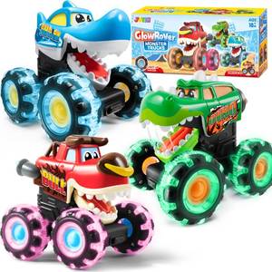 lot 3355 image: JOYIN 3 Pack Monster Truck Toy - Motion Activated Light Up Cars for Toddlers - Monster Glow Rover LED Wheels - Baby Boy Toys - Press and Go Dinosaur Trucks for Kids Boys Birthday Gifts for Christmas
