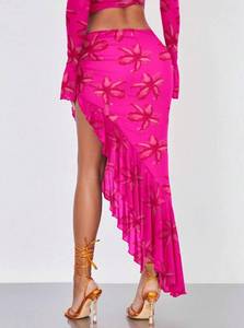 lot 6147 image: AGECODE Womens High Waisted Asymmetrical Ruched Mesh Flowy Ruffle Floral Print Midi Long Skirt Pink Medium