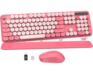 lot 6155 image: Wireless Keyboard and Mouse Combo - Round Keycaps, Full-Size Retro Typewriter Keyboard with Detachable Wrist Rest, Sleep Mode & Tilt Legs, 2.4GHz Cordless Connection for MacWindowsPC (Hot Pink)