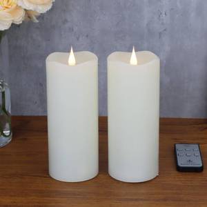 lot 9392 image: TECHLONG Flameless Candles with Remote Timer, 3D Moving Flickering Flame Battery Operated Candles Lasting 1000 Hours, 3 x 7 Ivory Real Wax Electric LED Pillar Candles, Set of 2