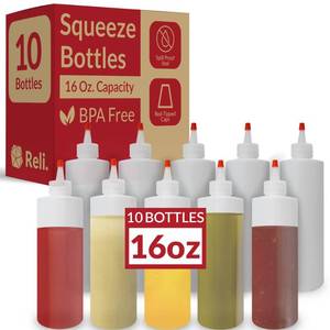 lot 9402 image: Reli. Plastic Squeeze Bottles, 16 oz.  10 Pack  Condiment Squeeze Bottles for Sauces  Clear wRed Tip Cap  16 Ounce Hot Sauce, Ketchup  Condiments, Olive Oil, Glue