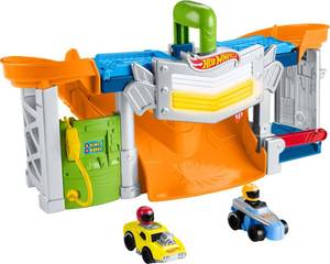 lot 9406 image: Fisher-Price Little People Hot Wheels Toddler Toy Race and Go Track Set with Lights Sounds & 2 Cars for Pretend Play Kids Ages 18 Months��