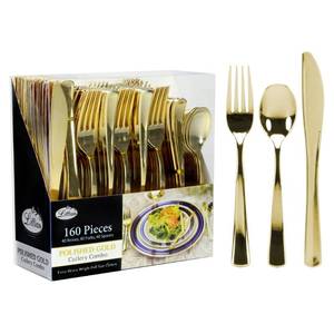 lot 9415 image: Gold Plastic Silverware Set, 160 Count, Extra Heavy Duty Flatware, Disposable Cutlery Utensils, 80 Forks, 40 Spoons, 40 Knives, Polished Gold, Bulk Pack