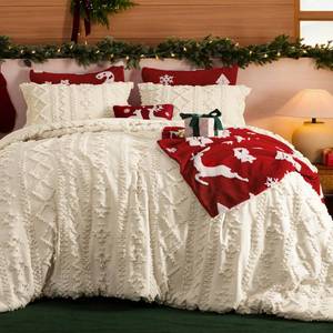 lot 9418 image: Bedsure Tufted Boho Comforter Set Twin Size - Beige Boho Bed Set, GentleSoft�� 2 Pieces Farmhouse Shabby Chic Embroidery Bedding, Gifts for Woman, Soft Jacquard Twin Comforter for All Seasons